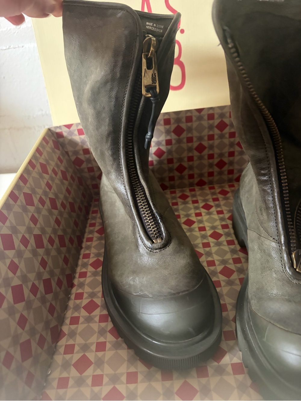 A.S.98 Olive Green Front-Zip Leather Lace-Up Boots